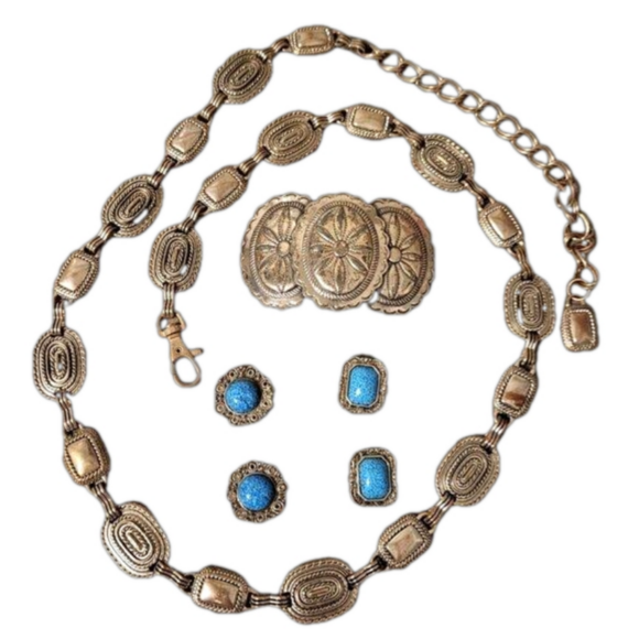 Accessories - Silver Concha Belt, 4 Turquoise Button Covers Turquoise/Silver Earrings Barrette